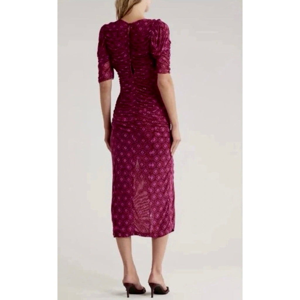 FREE PEOPLE Briella Dress Floral Ruched Midi Fuchsia Combo Ruching Party Large