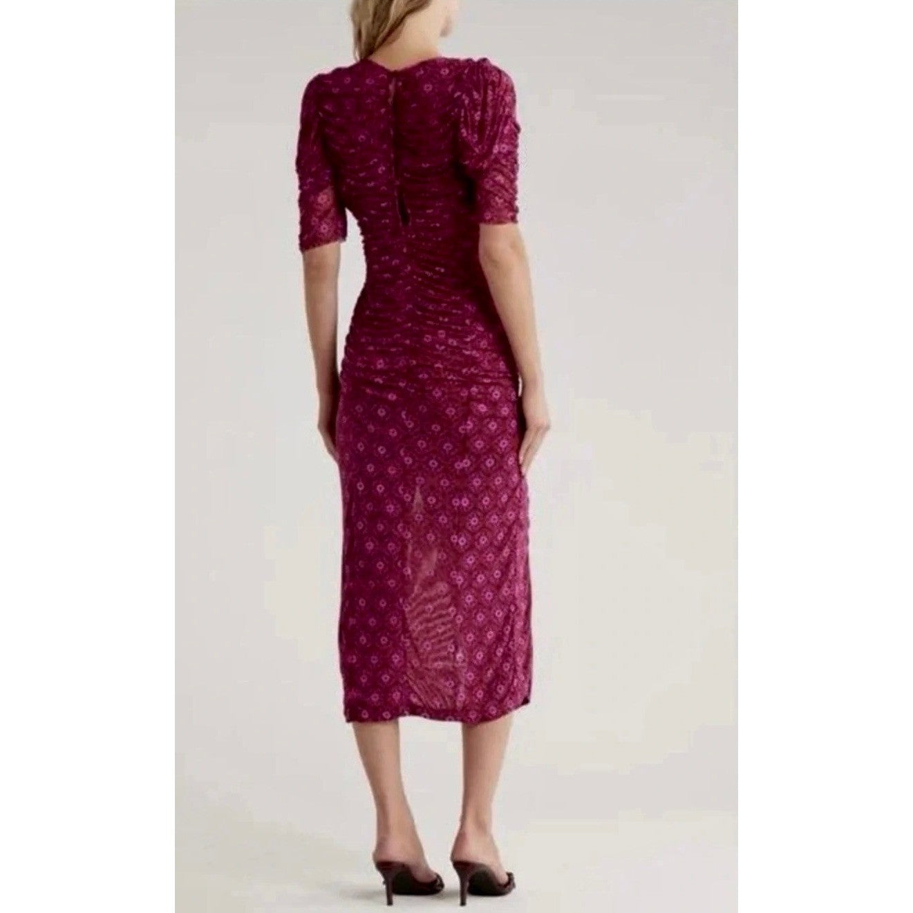 FREE PEOPLE Briella Dress Floral Ruched Midi Fuchsia Combo Ruching Party Large