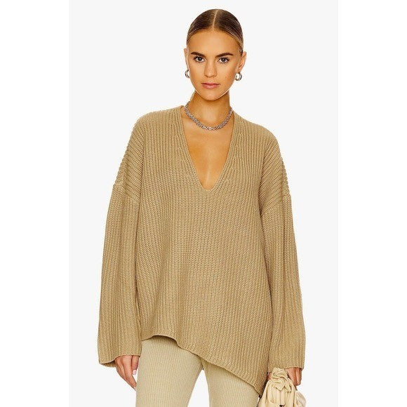 Revolve WEWOREWHAT Solid V Neck Sweater Solid Tan Oat Oversized Knitwear M/L