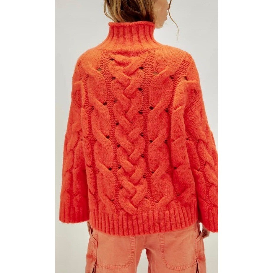 NWT!! FREE PEOPLE Clementine SoftSpun Cable Knit Pullover Solid Orange Large
