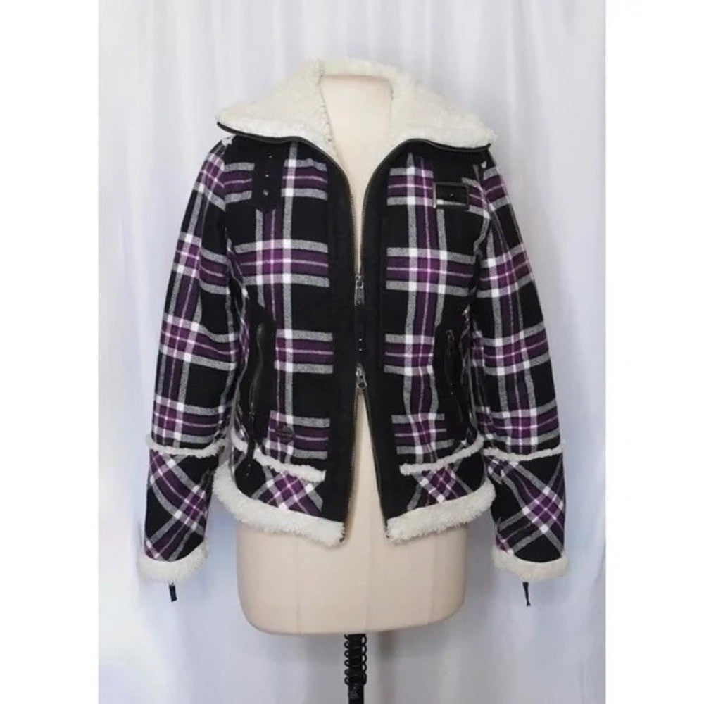 HARLEY-DAVIDSON Purple Black Plaid Fleece Sherpa Lined Coat Moto Motorcycle S