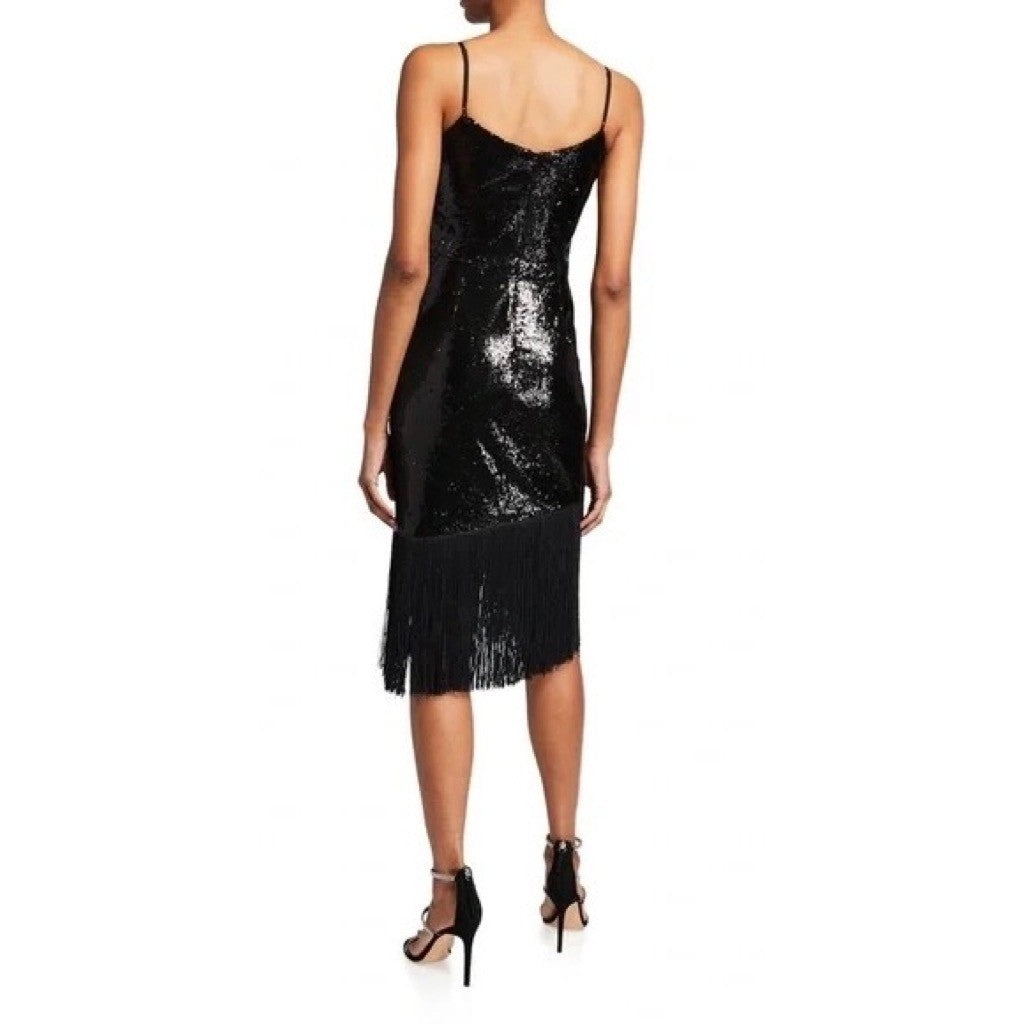 DRESS THE POPULATION Rosella Sequins Tassel Fringe Hem Dress Party X-Large