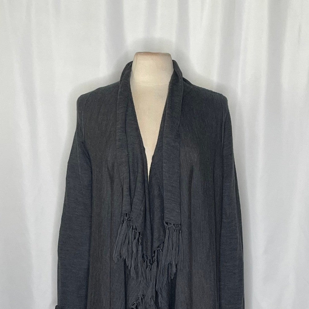 GARNET HILL Gray Wool Fringed Cardigan Sweater Ruana Embroidered Fringe Medium