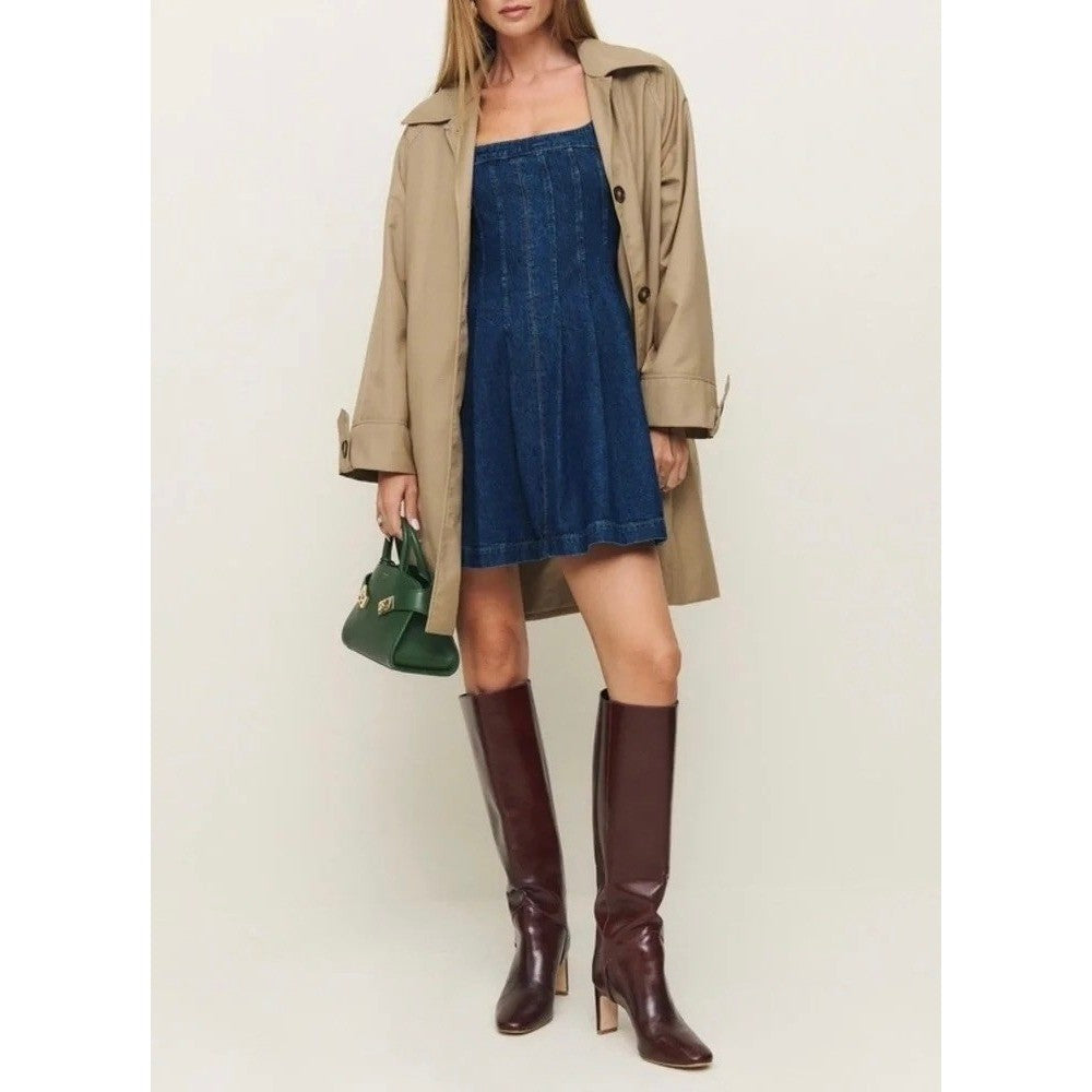 NWT!! REFORMATION Violet Denim Mini Dress Blue Smocked A-Line Skirt Size 12