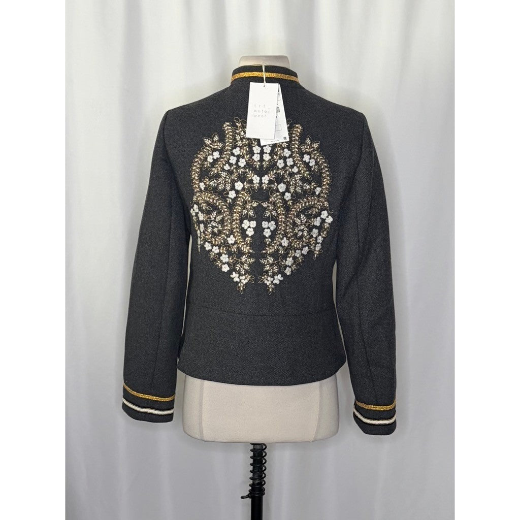 NWT!! ZARA Embroidered Military Jacket Charcoal Gray Gold Braid Buttons Large