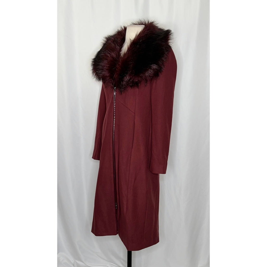 WHBM Burgundy Long Coat Removable Faux Fur Collar White House Black Market XS