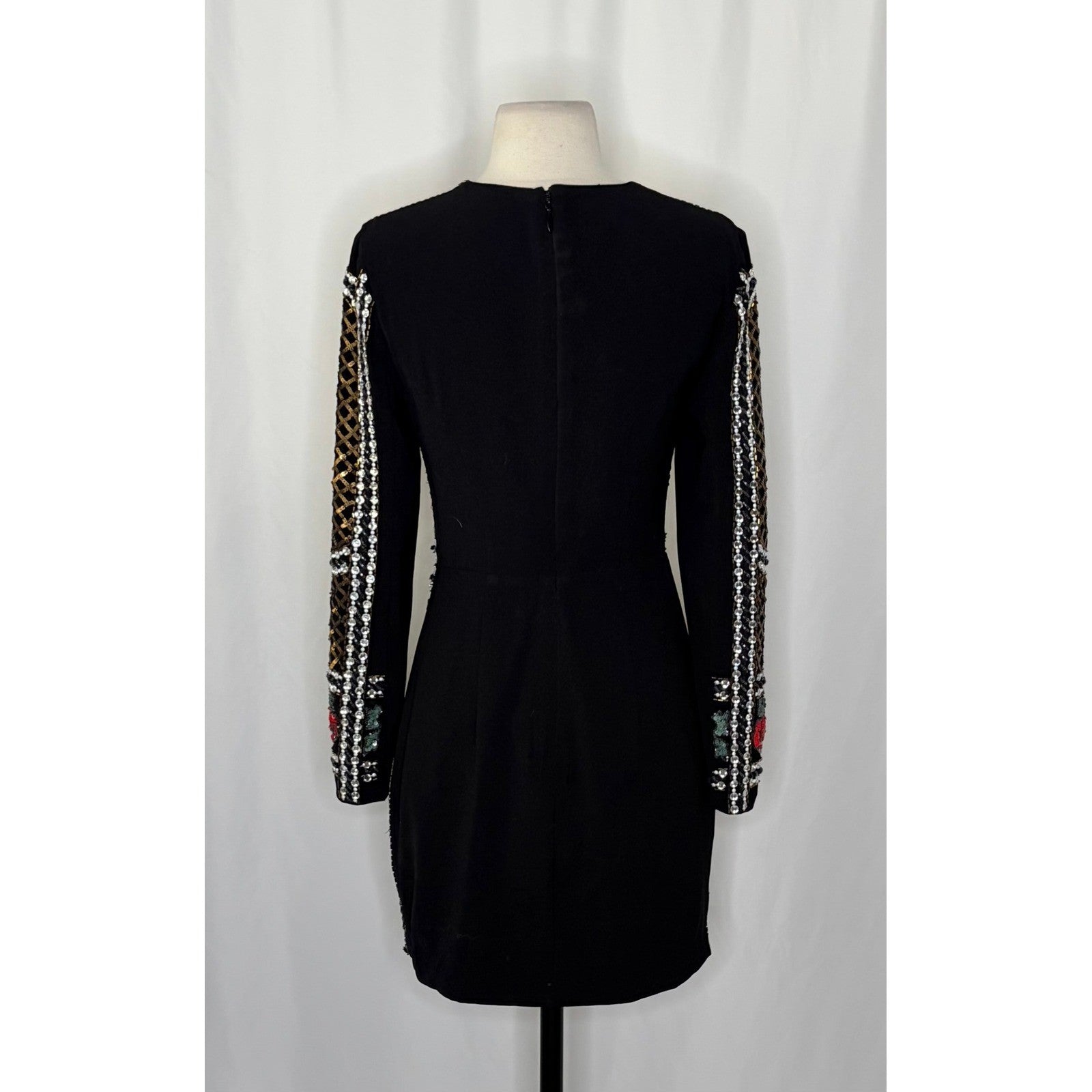 BEBE Black Beaded Sequin Crepe Dress Balmain Bodycon Mini Glam Floral Party 4