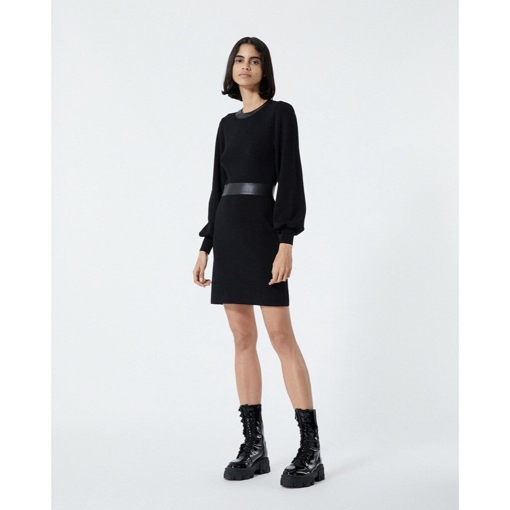 THE KOOPLES Black Knit Faux Leather Trimmed Dress Puff Sleeves Size 3 / Large
