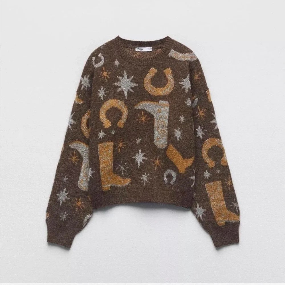 ZARA Western Cosmic Cowboy Boots Stars Jacquard Sweater Metallic Crewneck Small