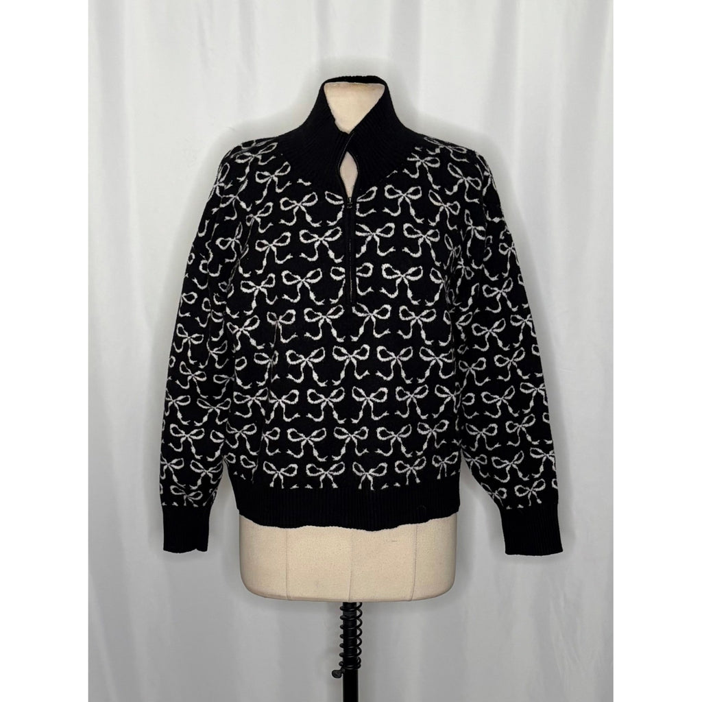 Anthropologie MAEVE Montana Bow Print Sweater Knit Mock Neck Half Zip Large