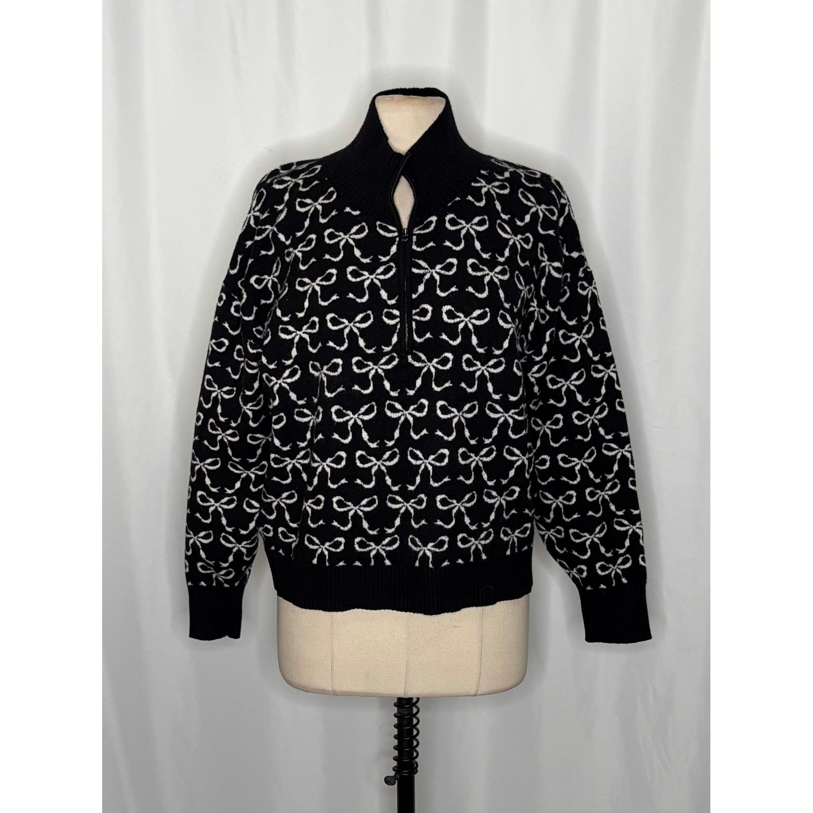 Anthropologie MAEVE Montana Bow Print Sweater Knit Mock Neck Half Zip Large
