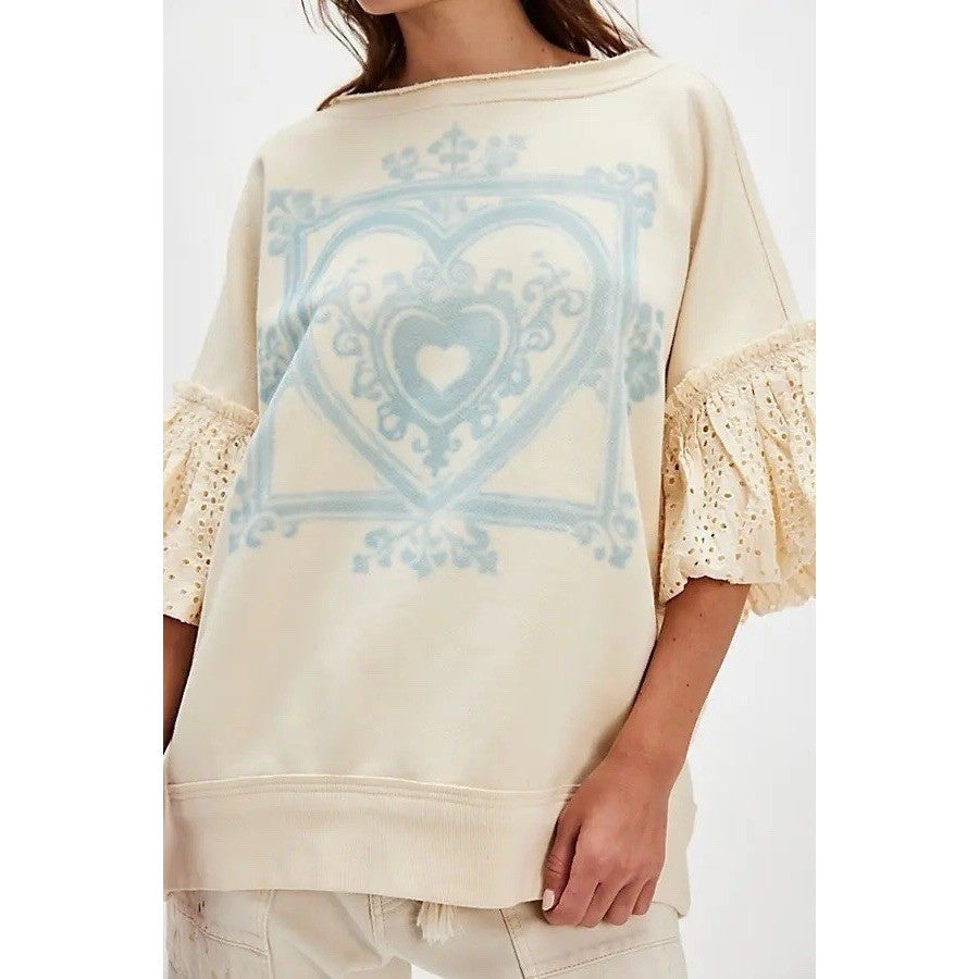 NWT!! FREE PEOPLE Doily Sweatshirt Heart Ivory Blue Eyelet Lace Bohemian Small