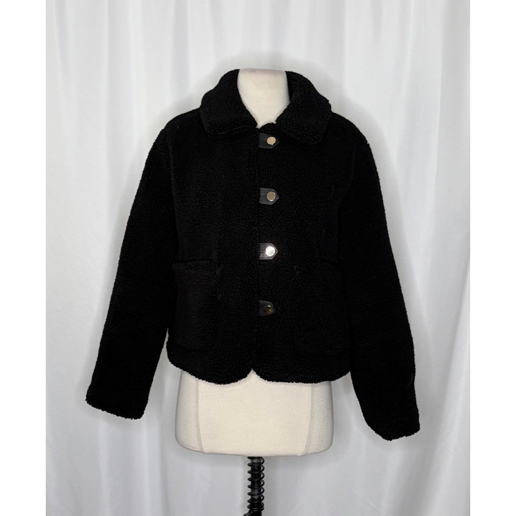 ZARA Black Sherpa Fuzzy Fleece Teddy Coat Faux Shearling Snaps Pockets Small