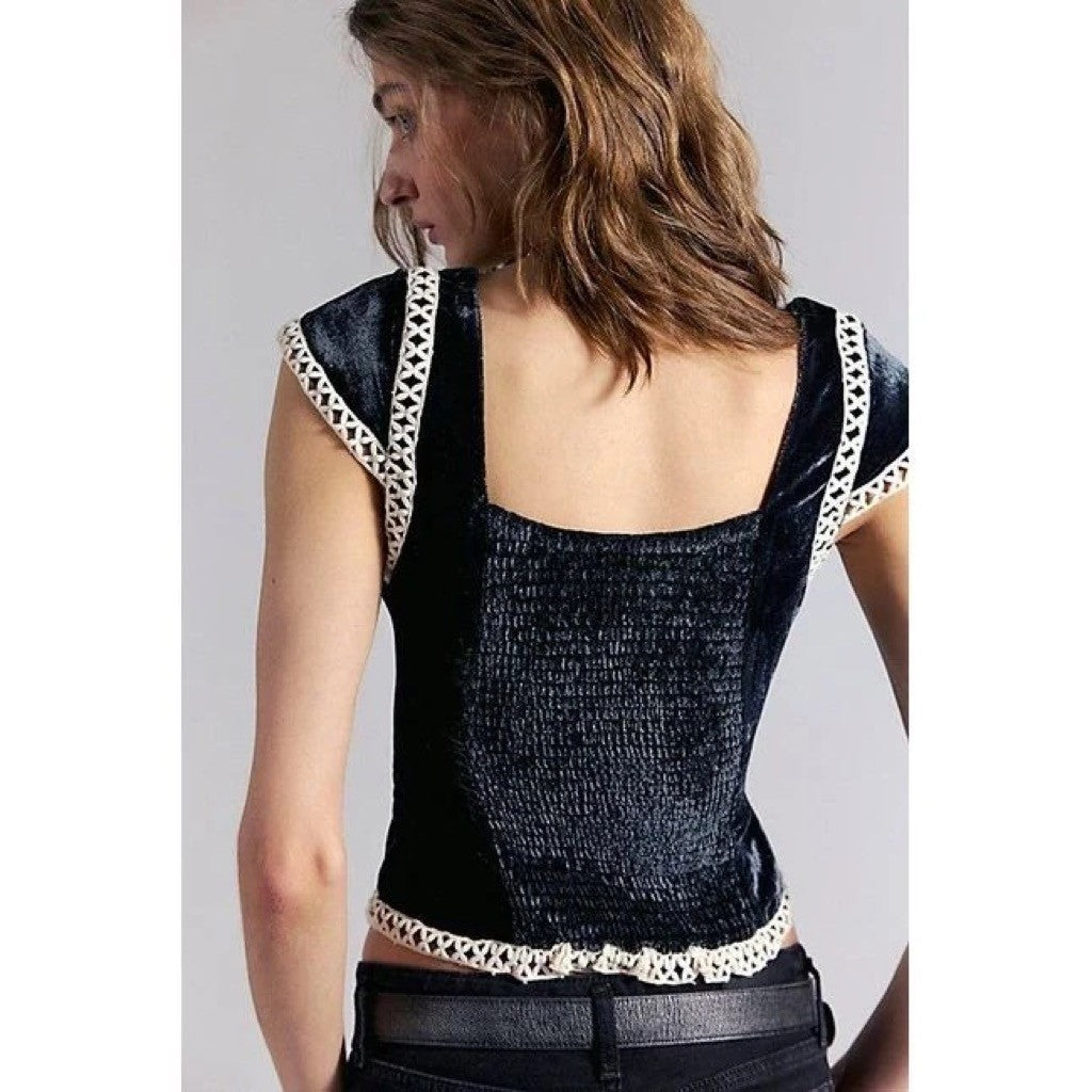 NWT!! FREE PEOPLE Tyler Velvet Corset Top Black Cream Embroidered Bohemian Large