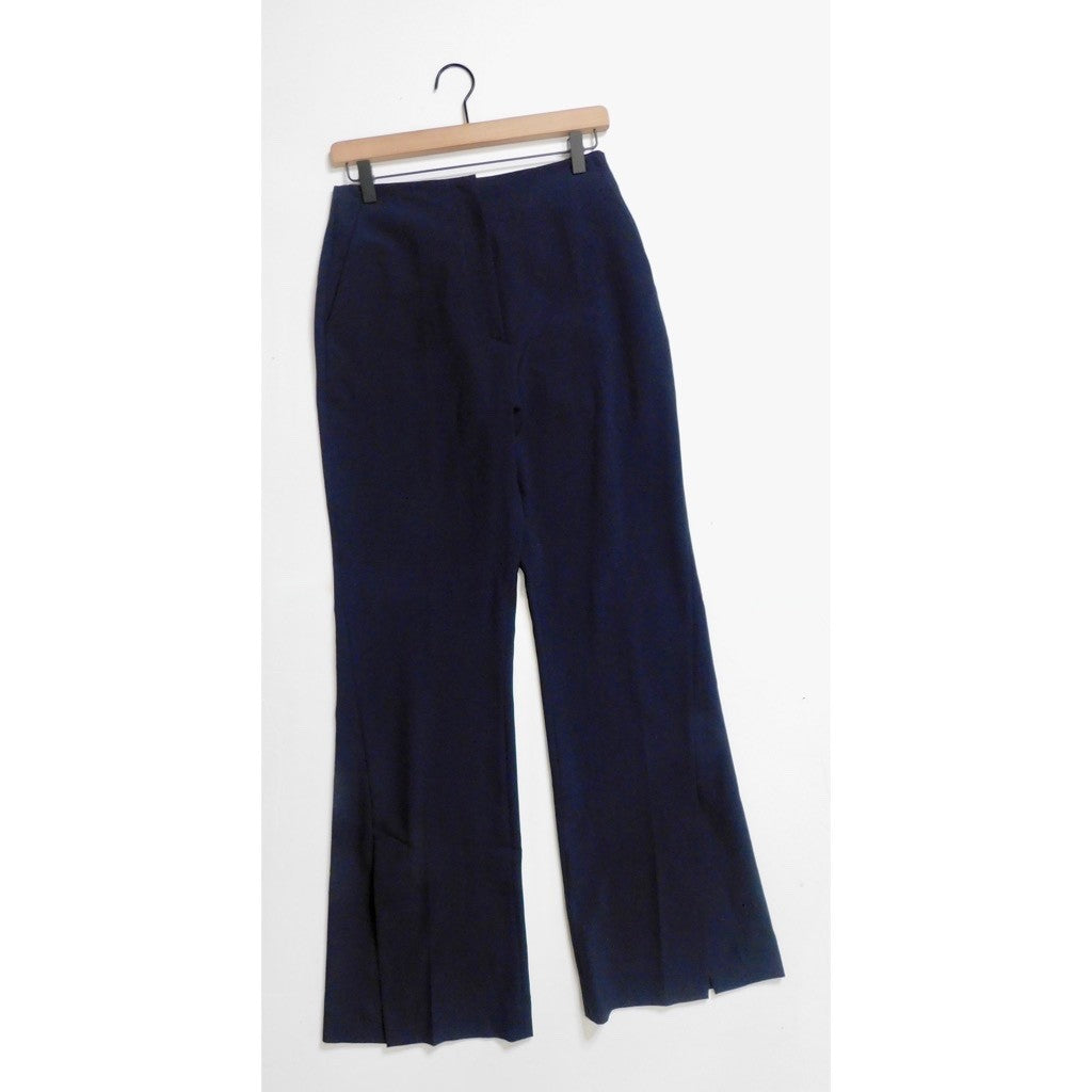 NANUSHKA Tulip Cady Flared Trousers Navy Blue Solid Slit Legs Office Small