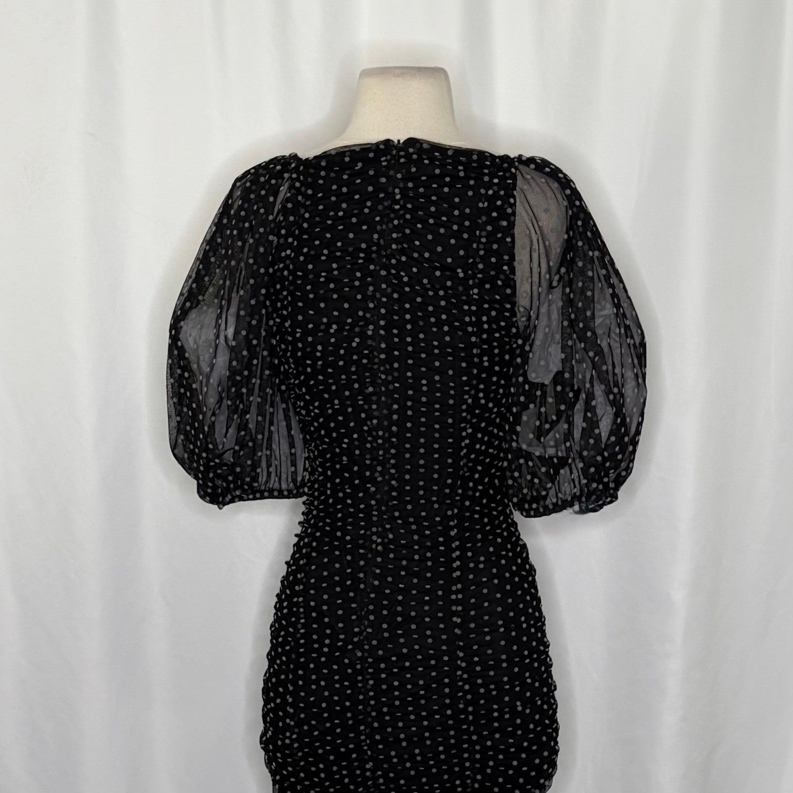 ZARA Chiffon Black Polka Dot Ruched Mini Dress Black Gray Party Blogger Small