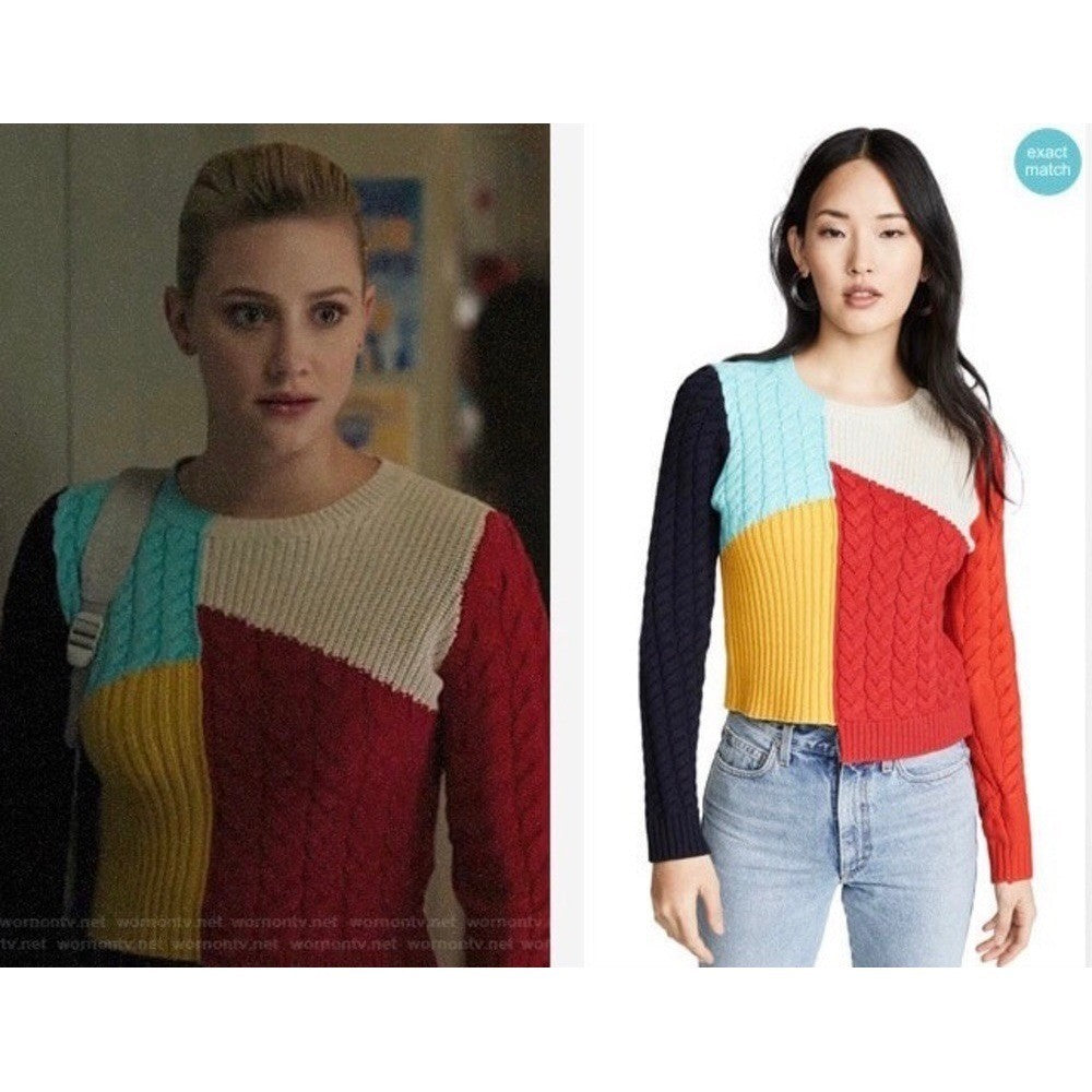 ALICE + OLIVIA Lebell Mixed Knit Cropped Sweater Colorblock Colorful Large