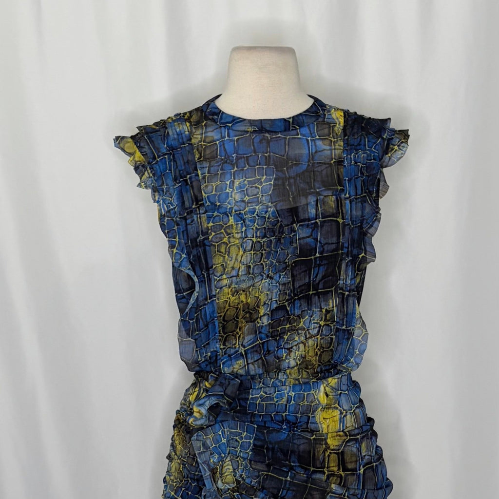 ALL SAINTS Hali Mirus Mini Dress Snakeskin Yellow Blue Ruffled Allsaints Size 4