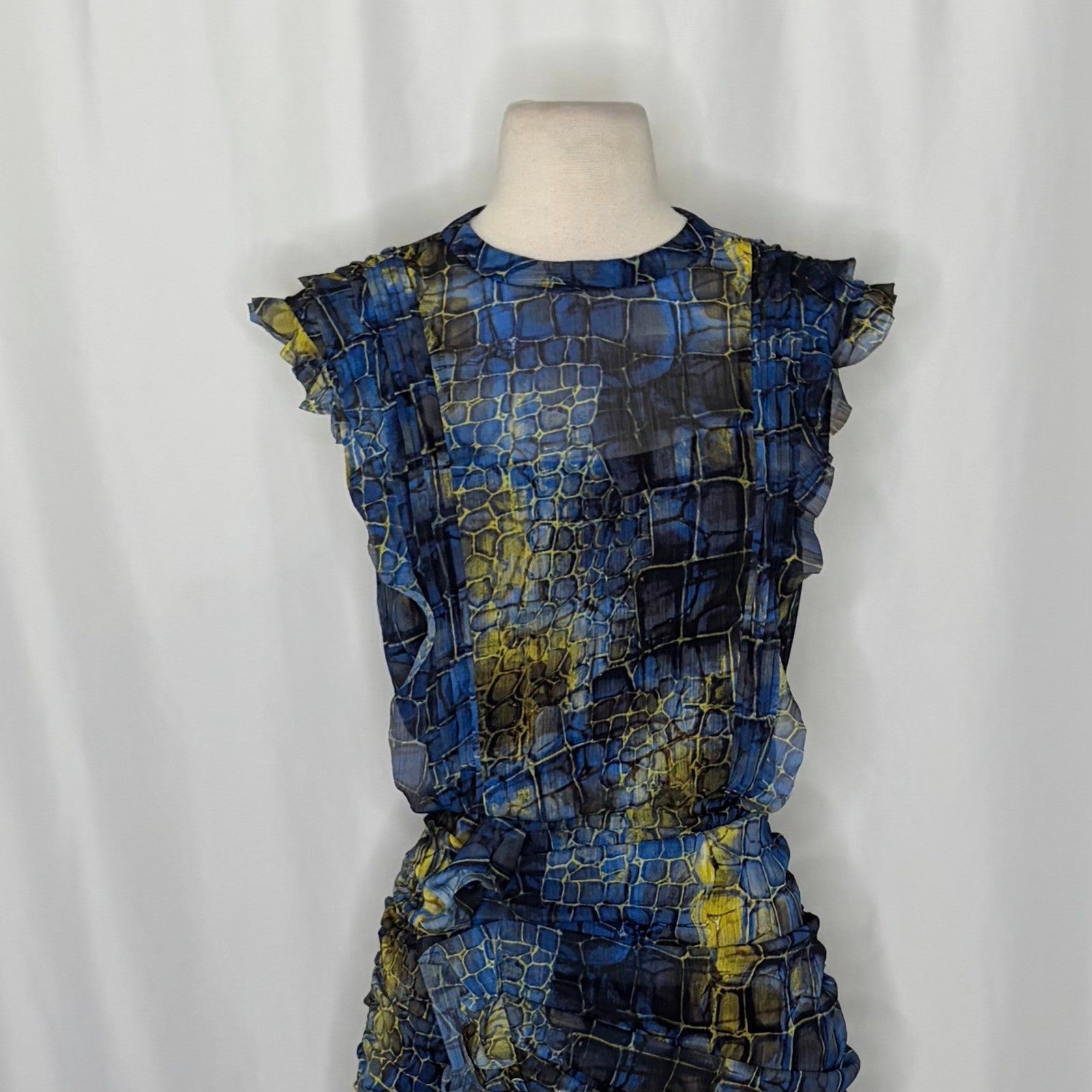 ALL SAINTS Hali Mirus Mini Dress Snakeskin Yellow Blue Ruffled Allsaints Size 4