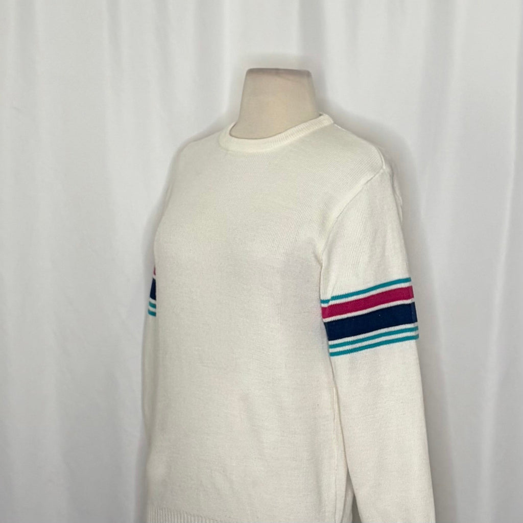 Vintage MEISTER White Stripe Sleeves Sweater Pullover Knit Sporty Outdoors Small