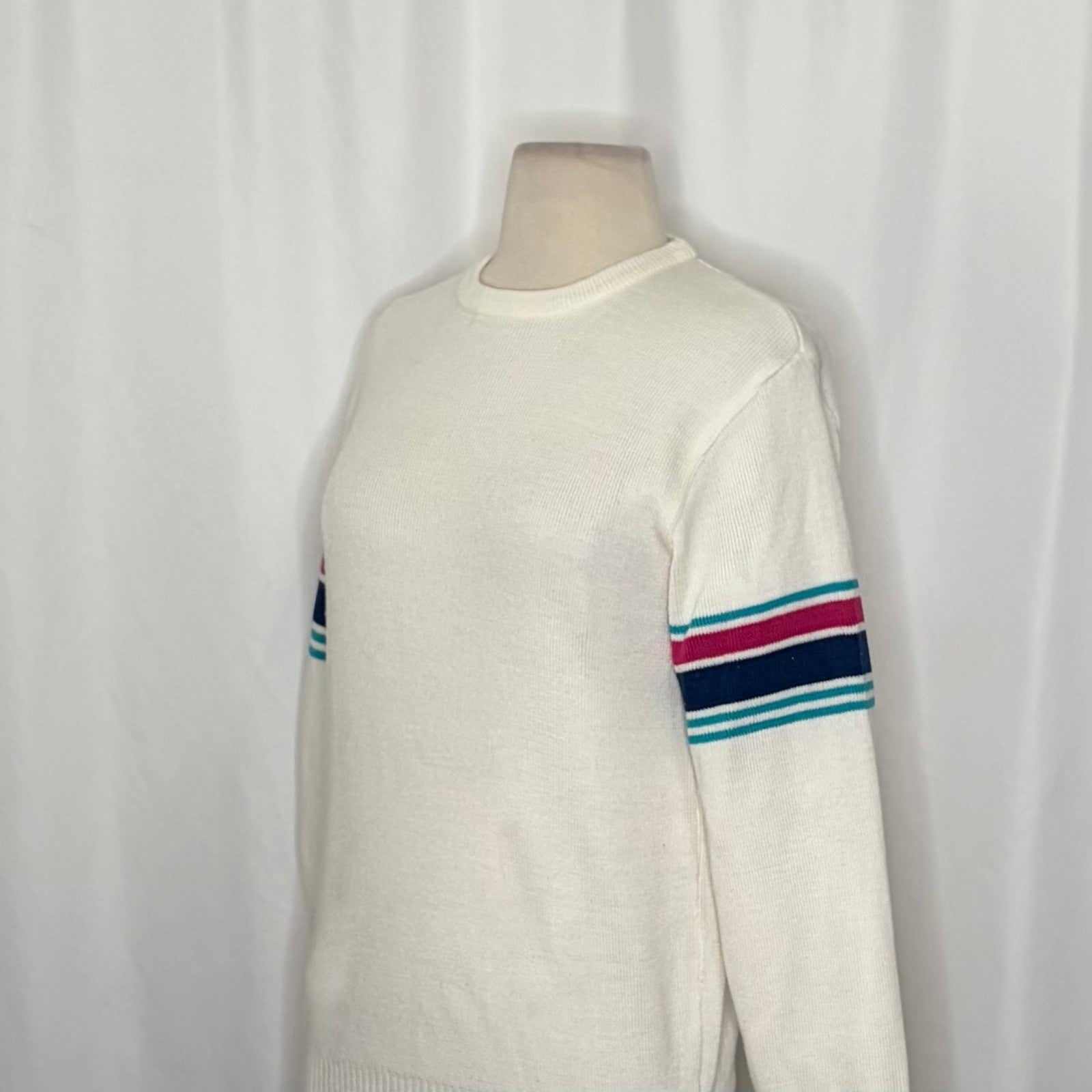 Vintage MEISTER White Stripe Sleeves Sweater Pullover Knit Sporty Outdoors Small