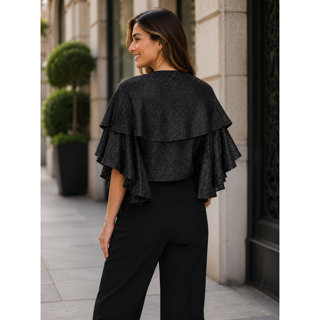 NWT!! ROBERT RODRIGUEZ Wool Blend Charcoal Ruffled Cardigan Cape Sweater X-Small
