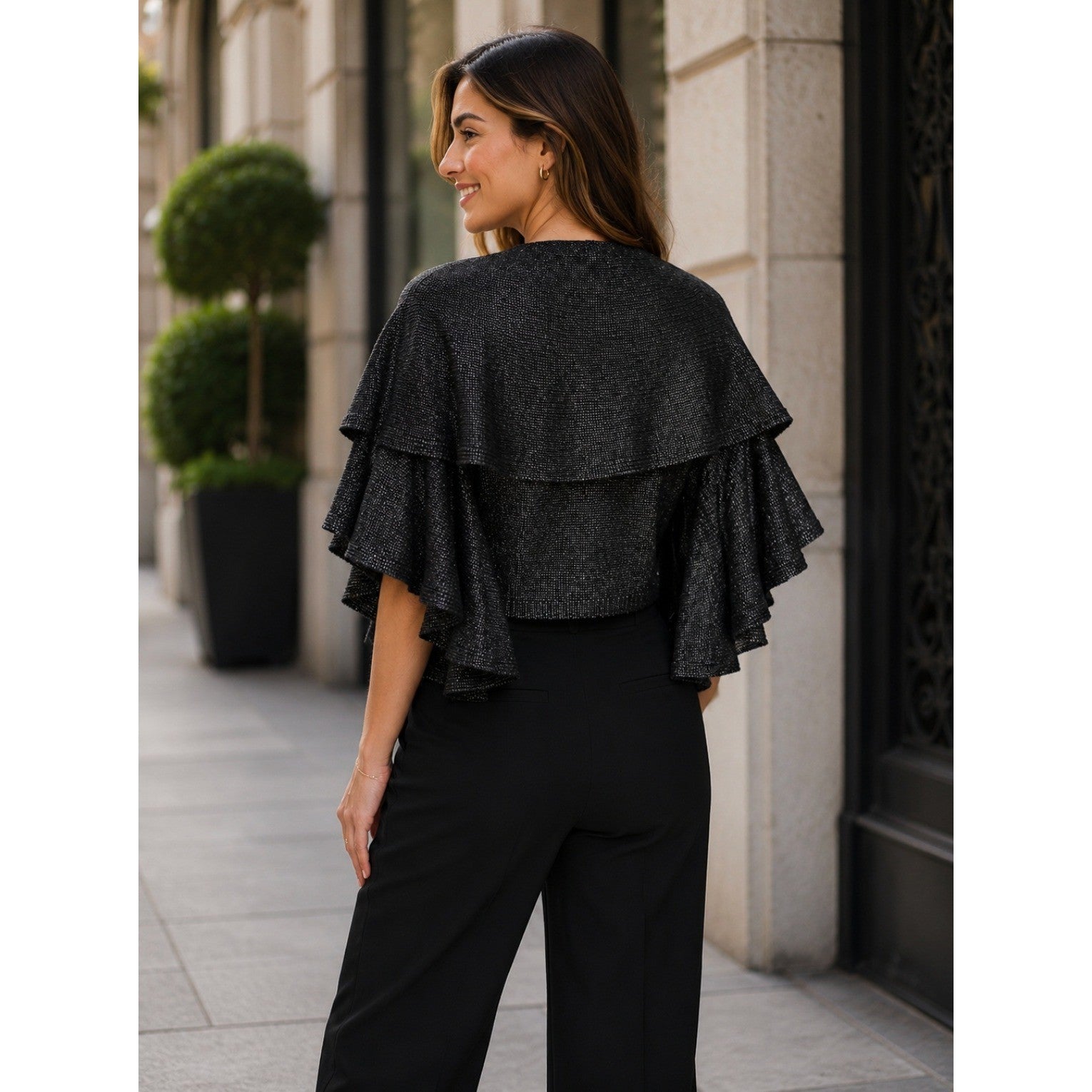 NWT!! ROBERT RODRIGUEZ Wool Blend Charcoal Ruffled Cardigan Cape Sweater X-Small