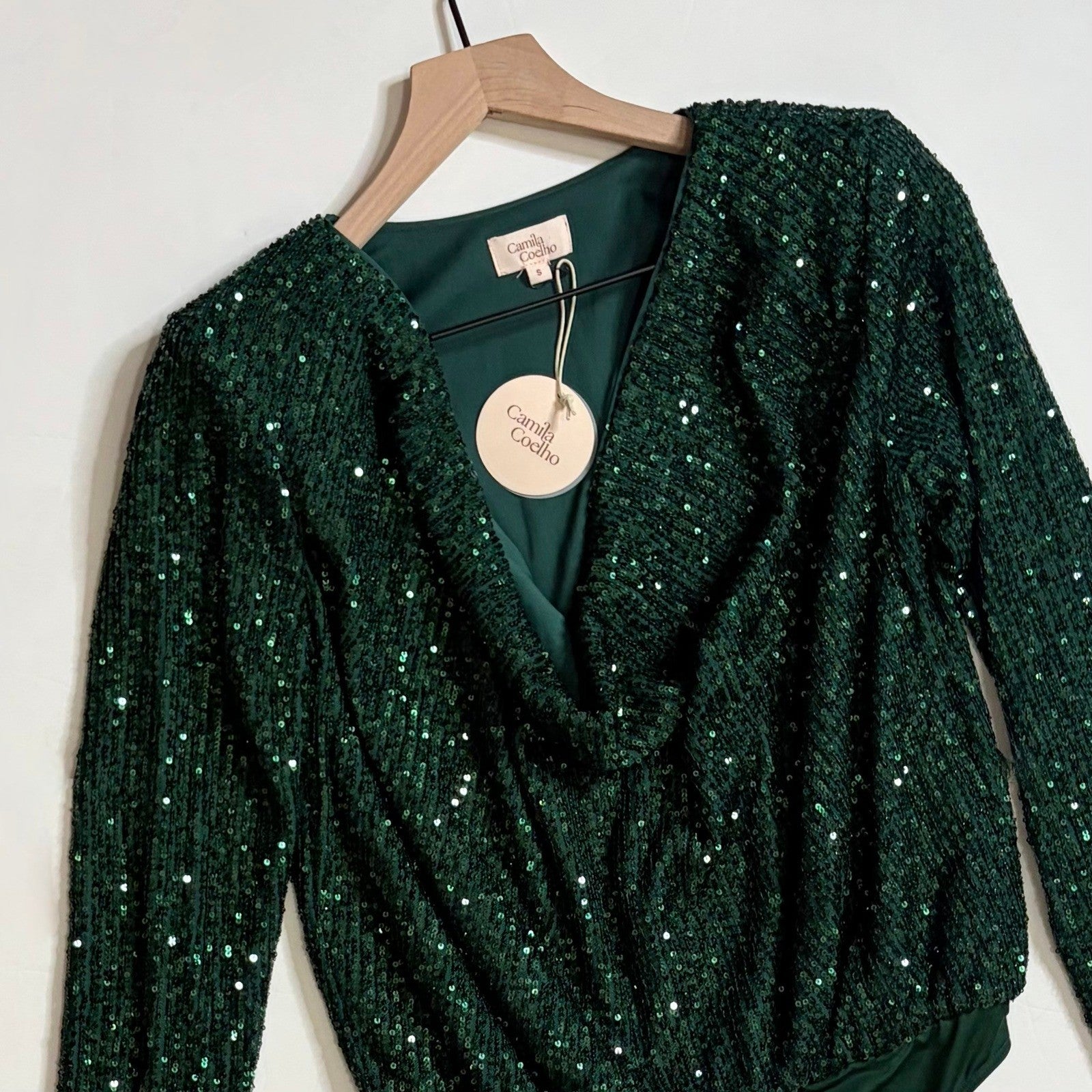 NWT!! Revolve CAMILA COELHO Green Sequin Cece Bodysuit Draped Neckline Small
