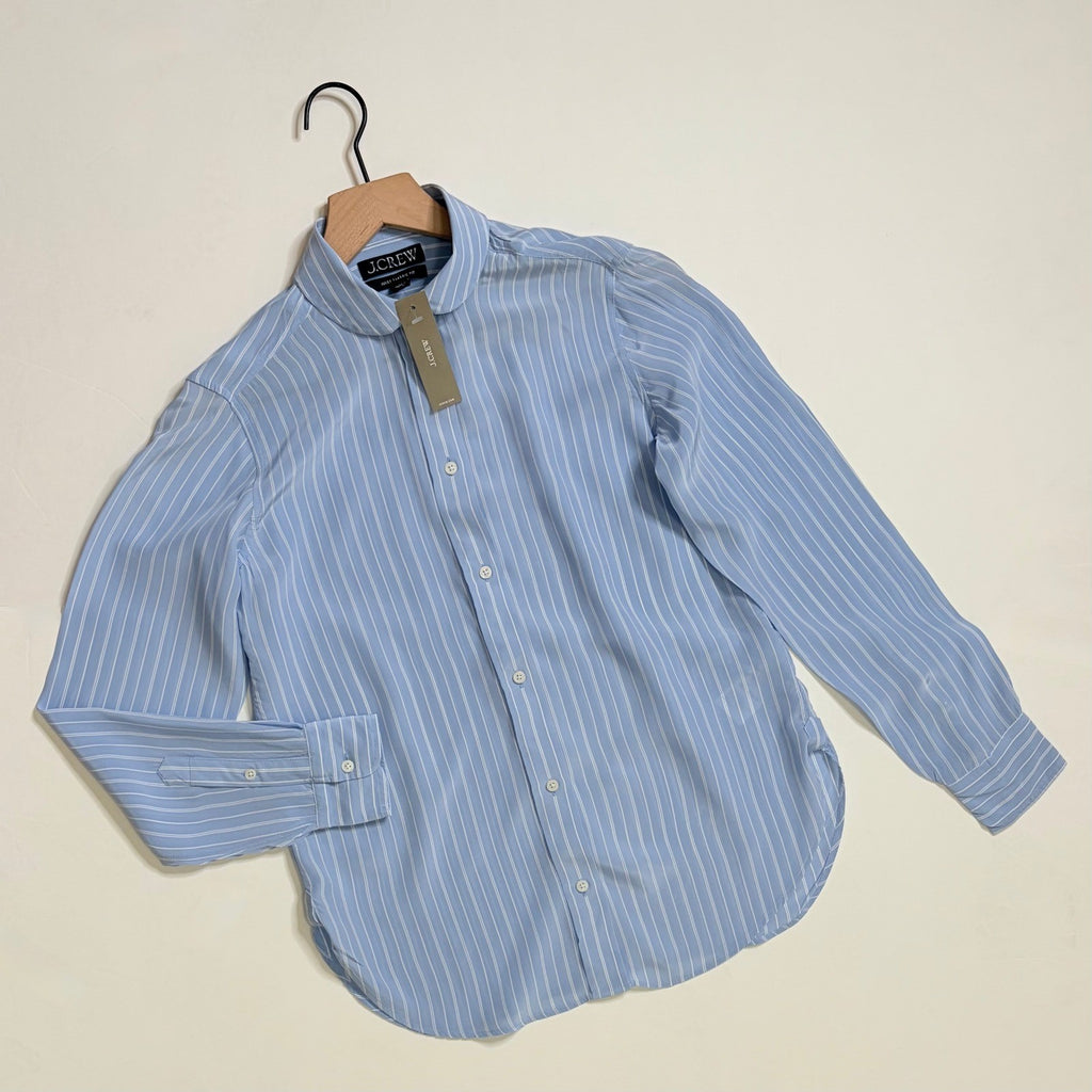 NWT!! J. CREW Jules Club Collar Shirt Striped Crepe De Chine Blue Stripe Size 00