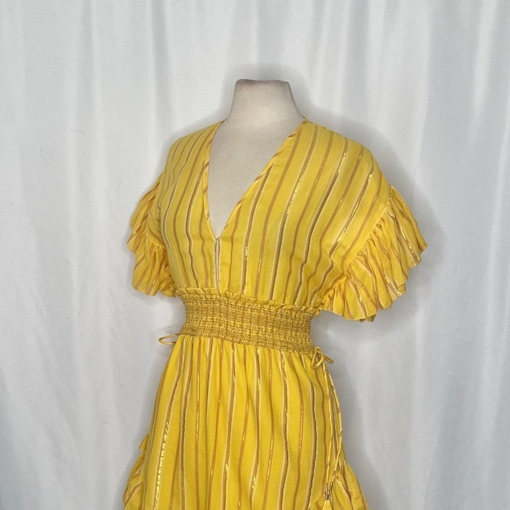 SAYLOR Yellow Metallic Striped Dress Fluttery Smocked Mini Gold Party Medium