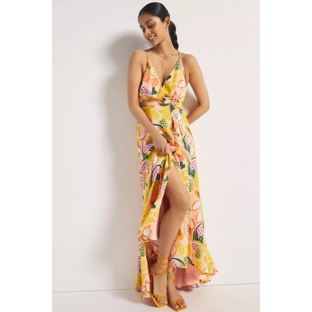 Anthropologie HUTCH Fruit High-Low Wrap Maxi Dress Glenne Tie Waist X-Small