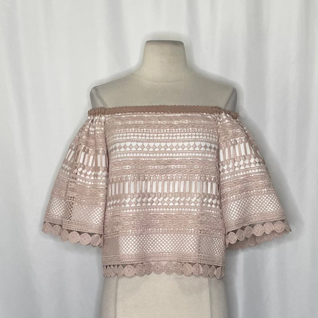 Revolve ALEXIS Finn Lace Off Shoulder Top Blouse Blush Pink Silk Lacey X-Small