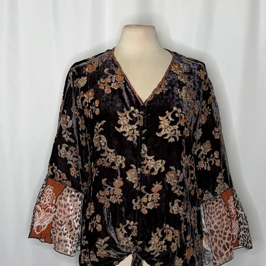 JOHN MARK Floral Velvet Burnout Animal Bell Sleeve Blouse Top Tie Waist Large