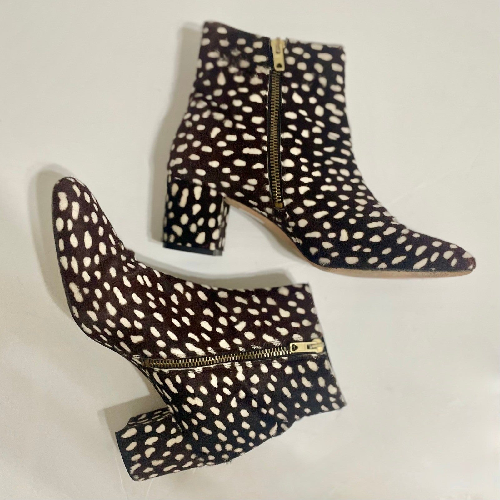 J. CREW Side Zip Ankle Boots Leopard Calf Hair Leather Spotted Zippers Size 8.5