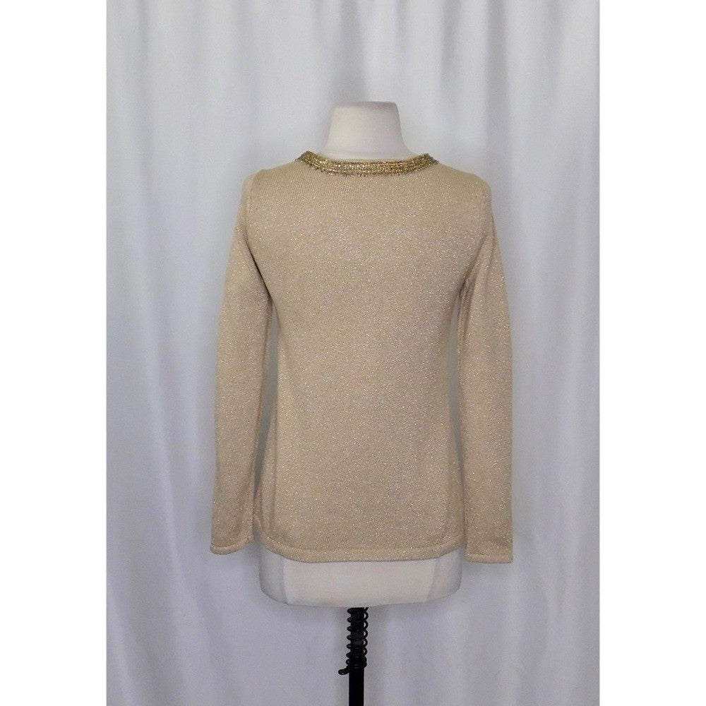 J. MCLAUGHLIN Metallic Gold Beaded Neckline Pullover Sweater Beading X-Small