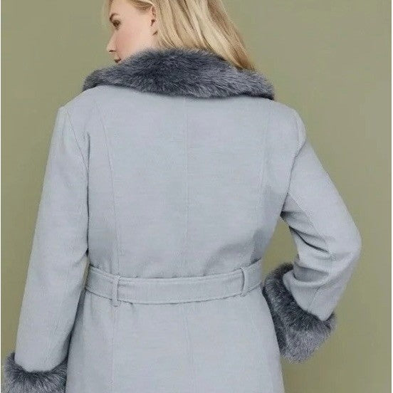 NWT!! LANE BRYANT Grey Belted Trench Coat Faux Fur Collar Cuffs Size 26 28