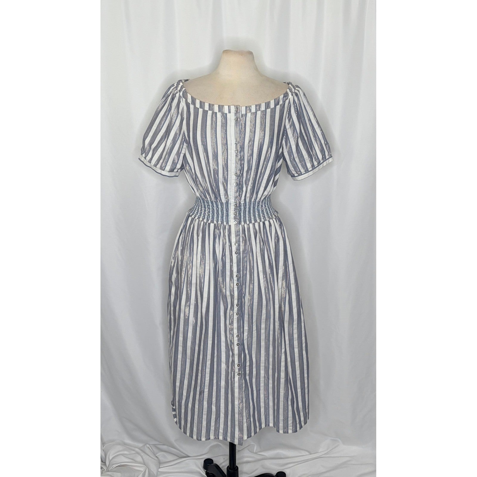 Anthropologie SEEN WORN KEPT Jenna Lurex Stripe Dress Blue White Midi Size 12