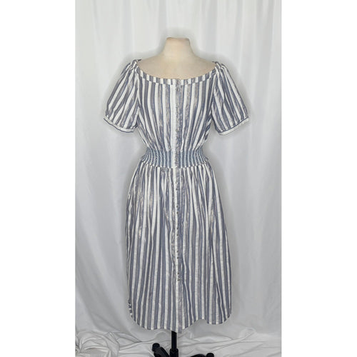 Anthropologie SEEN WORN KEPT Jenna Lurex Stripe Dress Blue White Midi Size 12