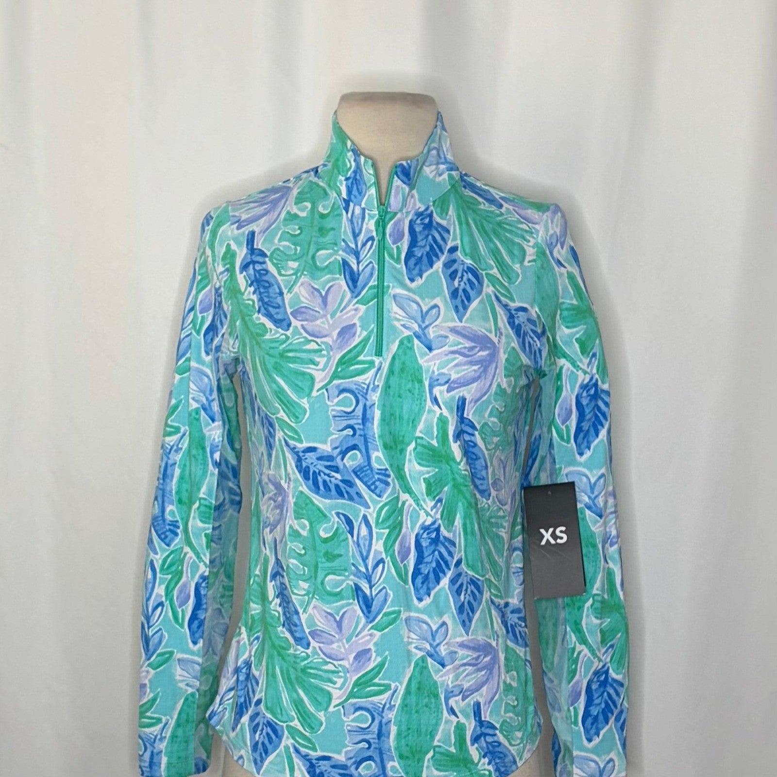 NWT!! IBKUL Mock Neck Long Sleeve Zip Top UPF50 Allison Jade Periwinkle X-Small