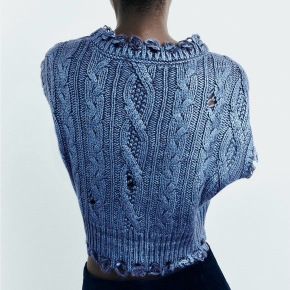 ZARA Metallic Blue Cropped Sweater Cableknit Distressed Cable Knit Crop Small
