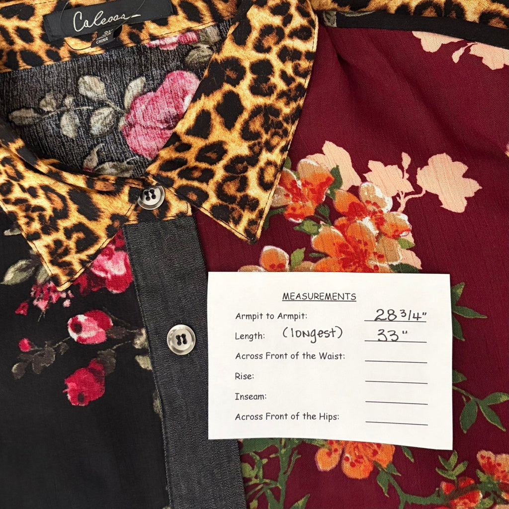 NWT!! CALESSA Embroidered Floral Leopard Print Buttondown Top Blouse Size 3X