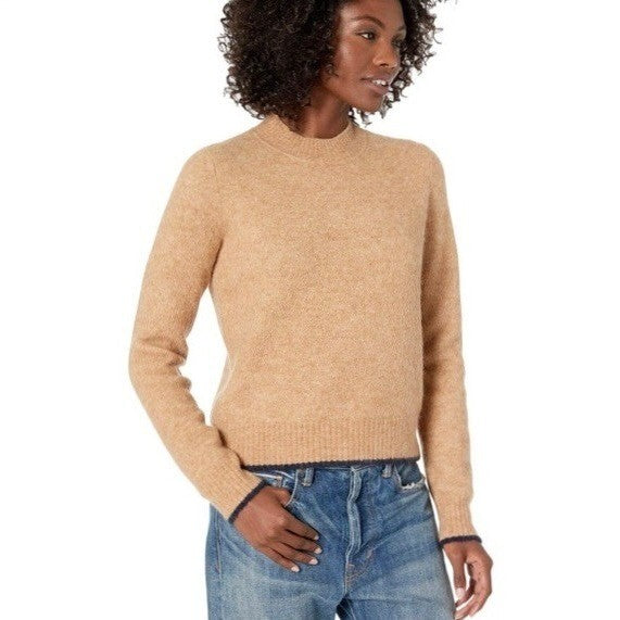 VINCE Contrast Tip Wool Alpaca Pullover Sweater Camel Brown Navy Blue Medium