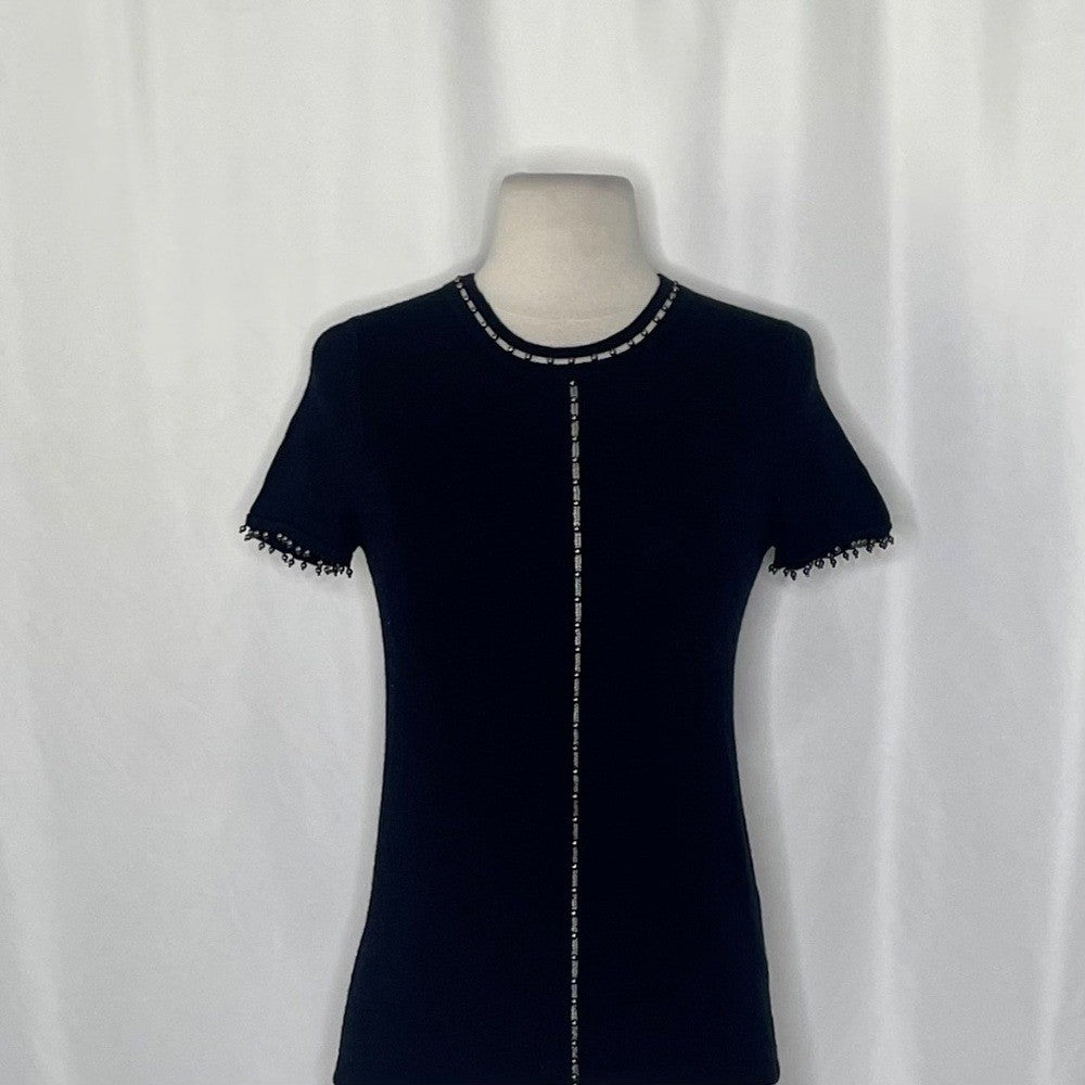ELIE TAHARI Black Merino Wool Beaded Studded Short Sleeve Sweater Knitwear Small
