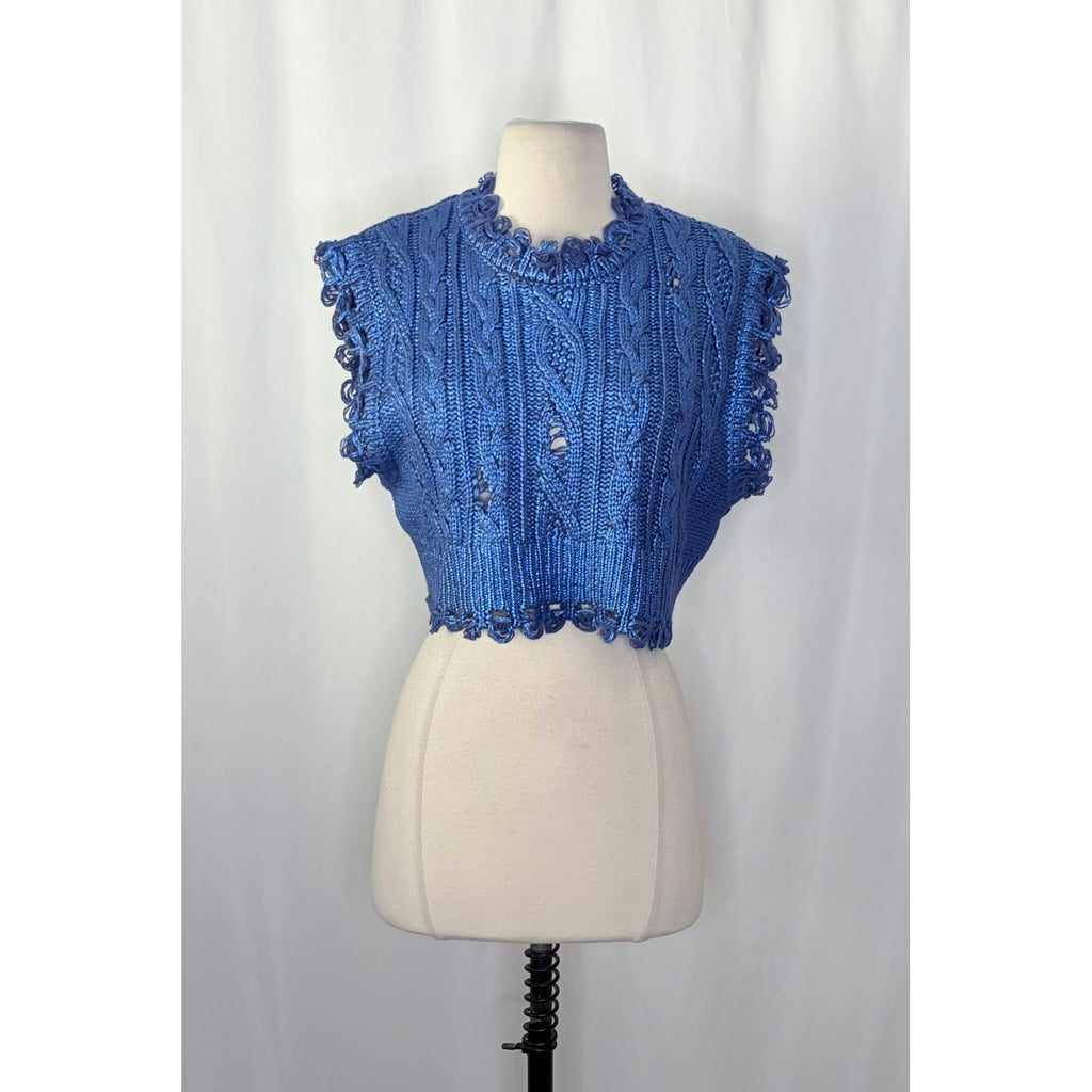 ZARA Metallic Blue Cropped Sweater Cableknit Distressed Cable Knit Crop Small