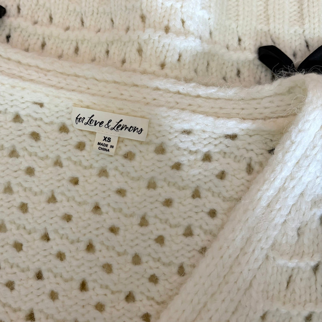 FOR LOVE & LEMONS Laurel Cardigan Sweater Office White Black Ribbons X-Small