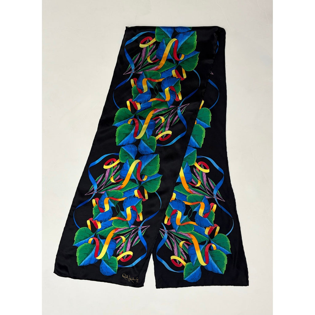 Vintage RUSH LIMBAUGH Aspen Leaves Colorful Rectangular Silk Scarf Black Floral