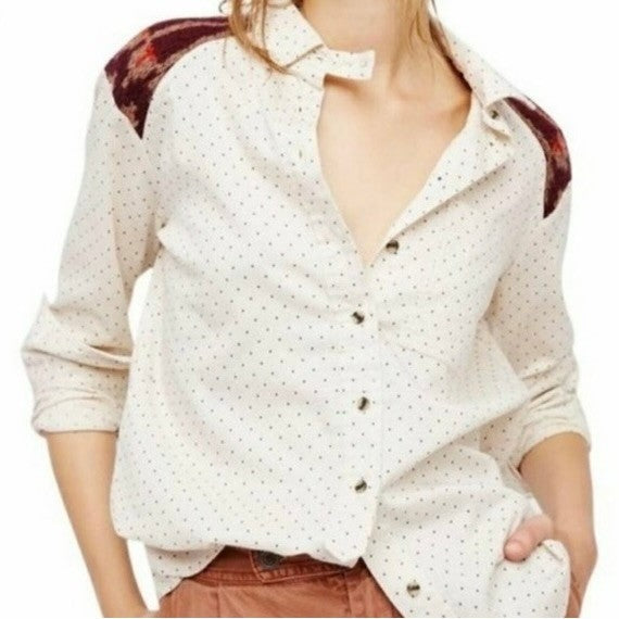 FREE PEOPLE Mixed Media Sage Buttondown Shirt Wool Western Polka Dot Medium