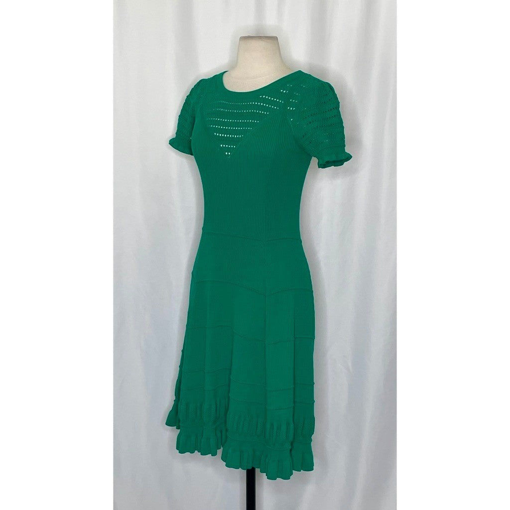 Anthropologie MAEVE Promenade Pointelle Knit Dress Solid Green Flirty X-Small