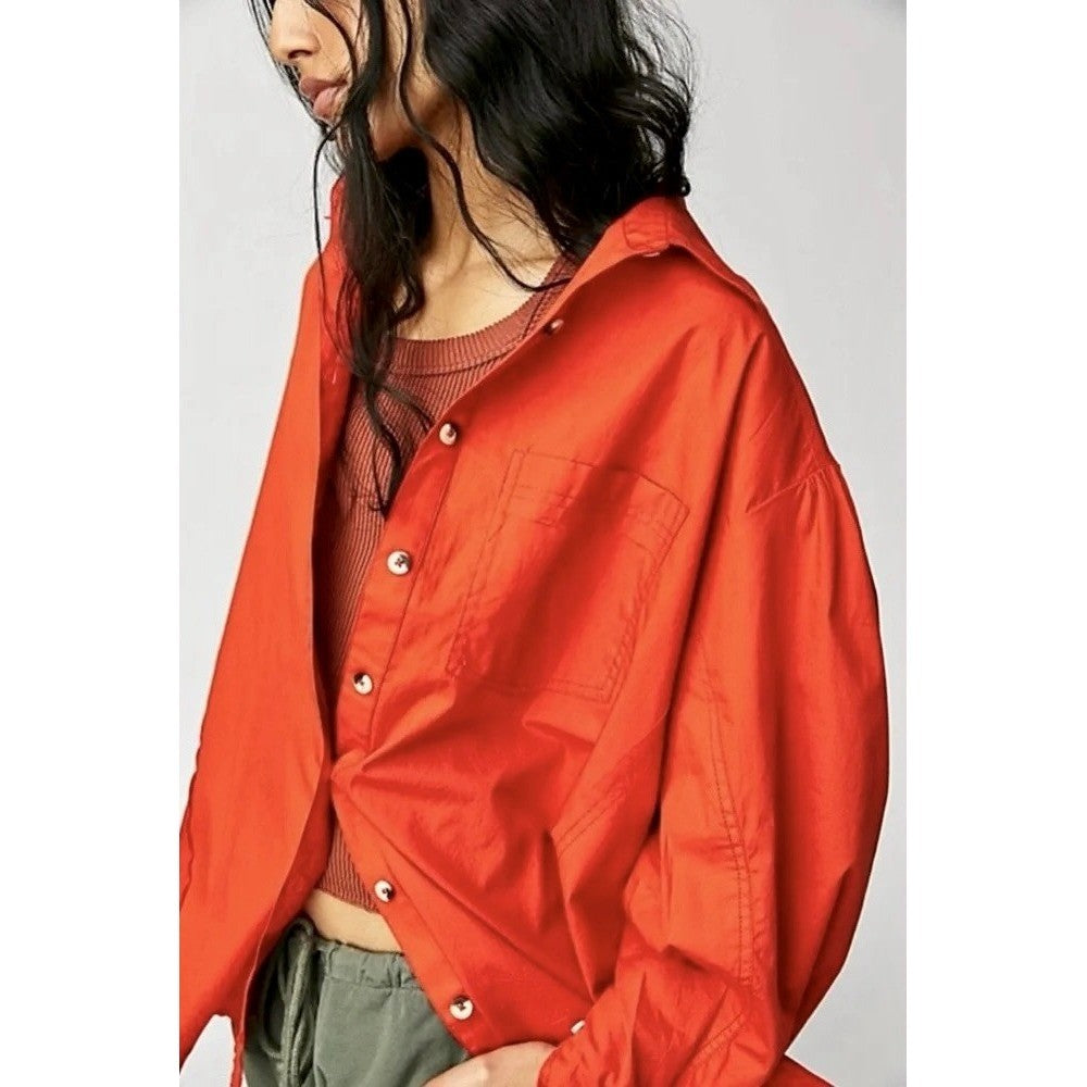 Free People WE THE FREE Happy Hour Poplin Top Buttondown Solid Orange X-Small