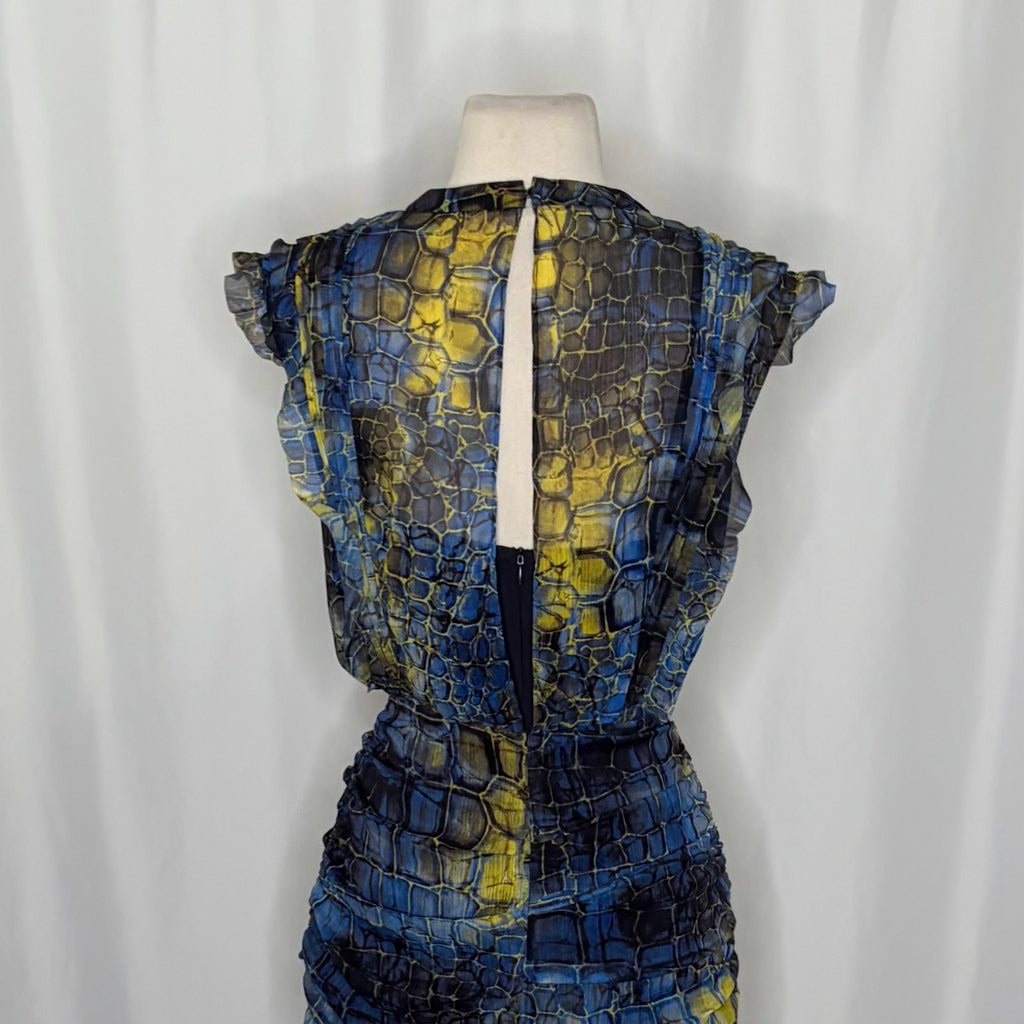 ALL SAINTS Hali Mirus Mini Dress Snakeskin Yellow Blue Ruffled Allsaints Size 4
